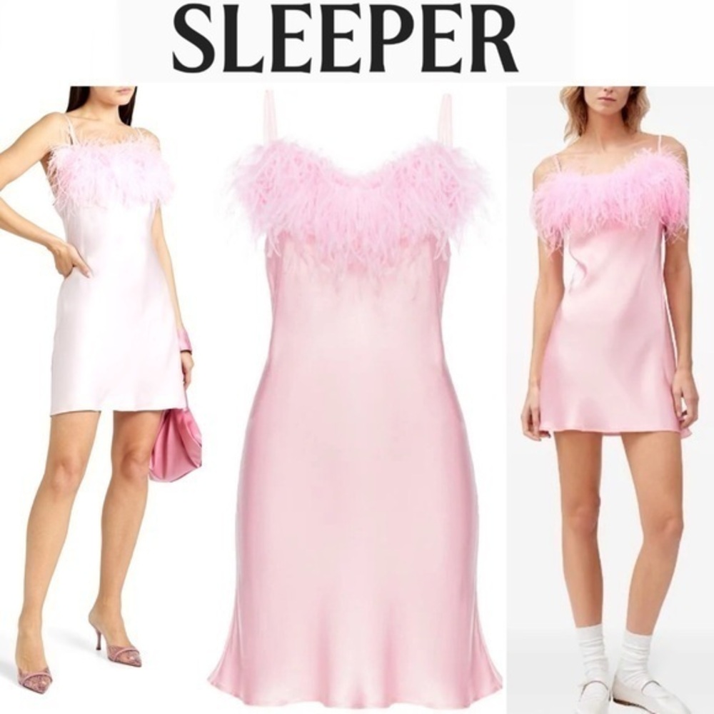 Sleeper Boheme Feather-Trim Minidress in Pink